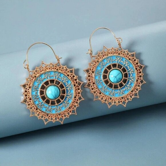 Turquoise & Gold Vintage Ethnic Hoop Earrings - Picture 1 of 4